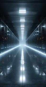 Modern data center with blue illuminated server racks and high-tech infrastructure in a gigapixel quality