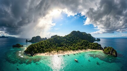 Fototapeta premium Heavy clouds dissolving over tropical island, bright sun illuminating turquoise water, paradise reveal 