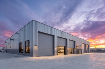 Fototapeta premium Modern industrial warehouse with large metal doors and sleek exterior architecture under a vibrant sunset sky