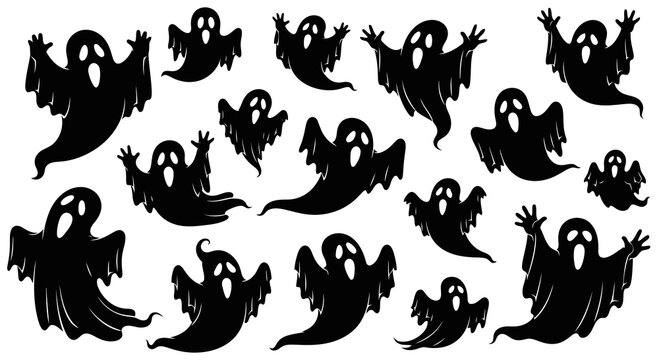 Halloween ghost characters dancing and flying in spooky vector illustration