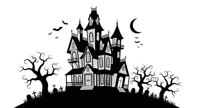 haunted victorian mansion at night with full moon and flying bats vector illustration