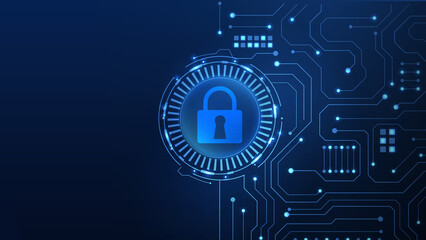 A digital representation of cybersecurity with a blue padlock symbolizing data protection and secure online environments. © 88