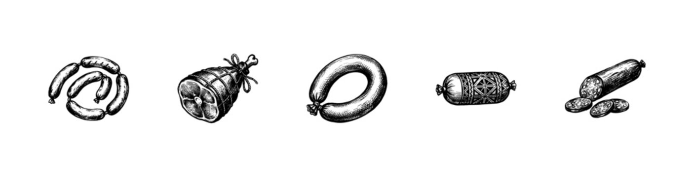 Gourmet Meat Products and Delicatessen Sausages with Hand-Drawn Inky Brush Strokes and Detailed Cross-Hatching Textures