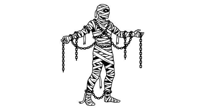 Zombie prisoner in striped jumpsuit holding broken chains for Halloween concept