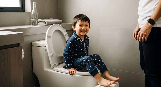 Happy little boy sitting on toilet during successful potty training at home