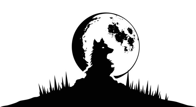 Silhouette of howling wolf under full moon with spooky grass at night
