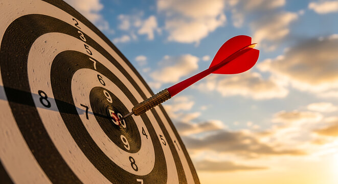 Red dart hitting the bullseye of a target against a sunset sky