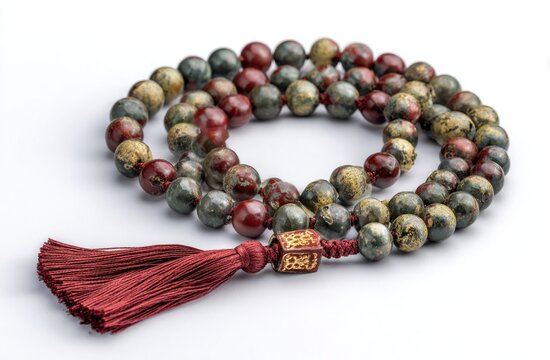 Old dark red and green jasper prayer beads with a red tassel, handcrafted and polished for spiritual or decorative use