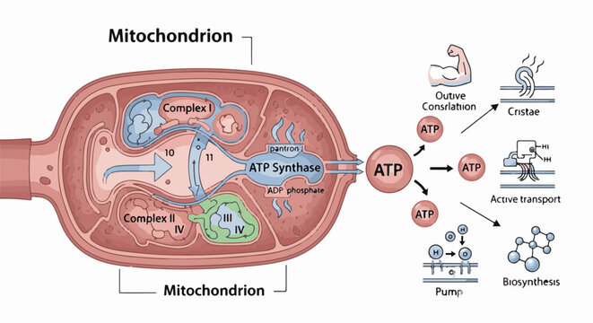 Biological illustration of mitochondrion and ATP synthesis processes