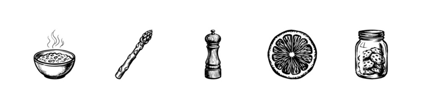 Kitchen Utensils and Healthy Food Ingredients with Hand-Drawn Inky Doodle and Organic Sketchy Aesthetic