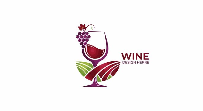 Artistic wine glass with grapes and vineyard elements