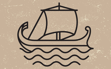 Minimalist Line Art Illustration of an Ancient Sailing Ship, Viking Longship, or Greek Galley on Ocean Waves - Nautical History and Adventure Concept. © amodha