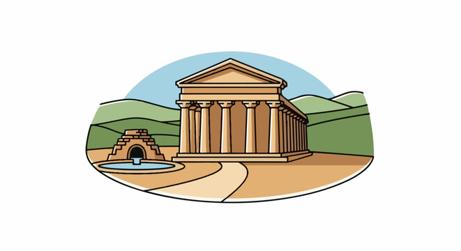 Ancient temple structure with columns, fountain, and rolling hills