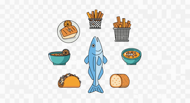 Assortment of colorful food icons arranged in a circular pattern on a transparent background