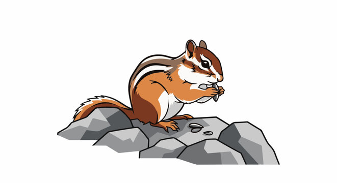 Animated chipmunk with stripes sits on rocks eating a seed