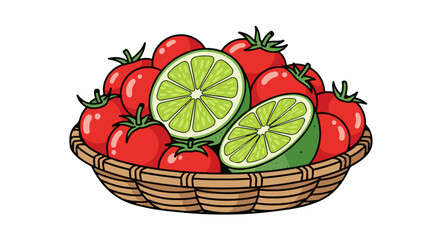 Naklejka premium Basket overflowing with bright red tomatoes and sliced green limes