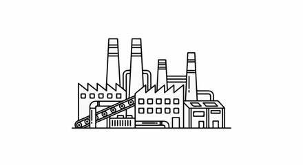 Fototapeta premium Black and white line art illustration of a factory with multiple chimneys and conveyor belts