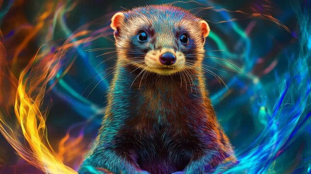 Colorful portrait of a ferret with vibrant patterns and a mystical background