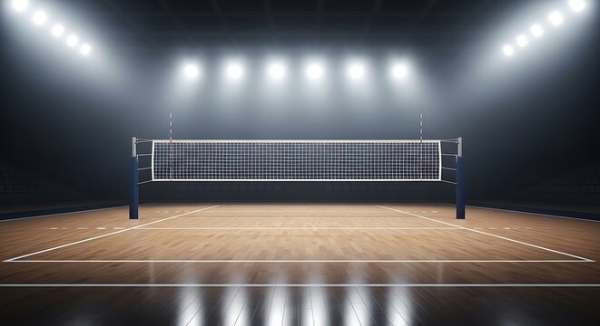 Volleyball Court Lit by Stadium Lights Ready for Action with Sporty Backdrop.