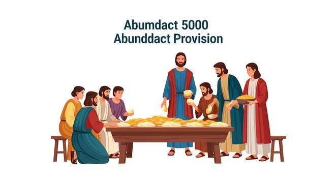 Illustration of the Feeding of the 5000 miracle with Jesus serving bread to a crowd from a table in cartoon style