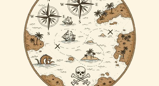 An old pirate map with compass roses, ships, islands, and a sea monster