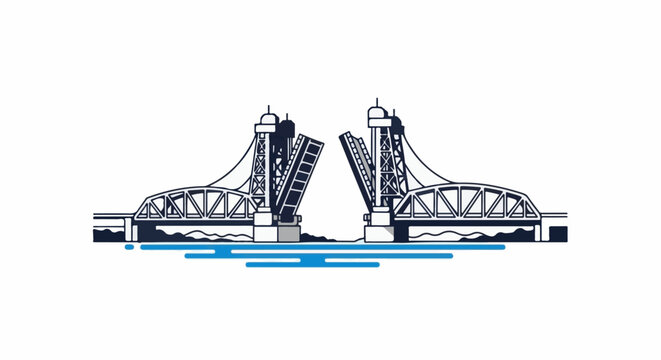 An open bascule bridge with riveted steel towers and trusses over water