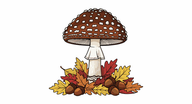 Autumnal mushroom and acorns with colorful fallen leaves