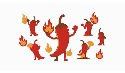 Obraz premium Red hot chili pepper mascot characters set with fire flames
