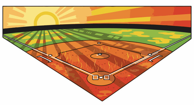 Baseball diamond glowing with fiery sunset and radiating heat