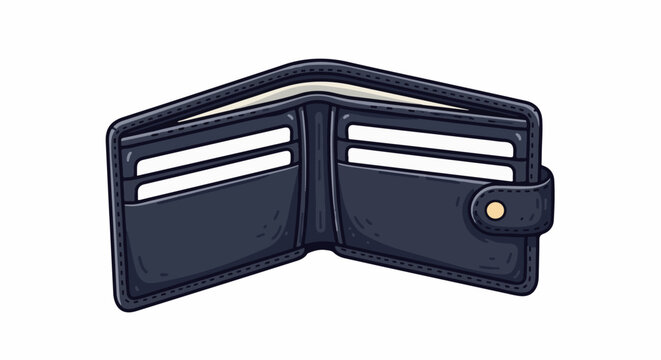 An open, dark blue, cartoon-style wallet with multiple card slots on a white background