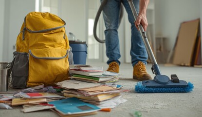Fototapeta premium Person cleaning floor with vacuum cleaner in a modern indoor setting