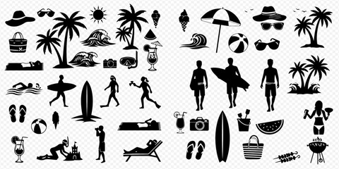 Collection of summer beach vacation and holiday icons, including people, activities, and objects, in black silhouette on a transparent background. © Adji