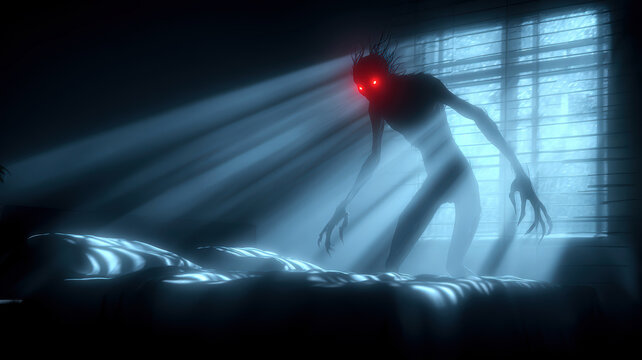 Frightful figure in the bedroom - nightmare, sleep paralysis concept