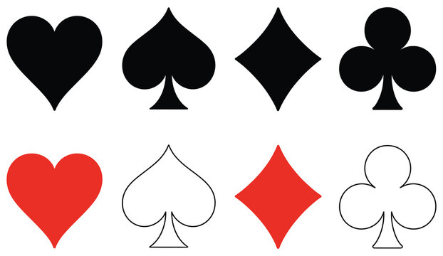 the playing card suit vector icons set including heart spade diamond and clubs in black and red color palette, clean minimal symbols, modern casino themed graphic elements for games and ui design.