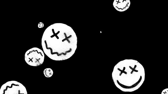 Hand-drawn scribble Emoji animation of a Smiling face to put emotions in your videos. Happy Smile cartoon faces frame by frame brush stroke animation. Doodle icon, wiggle sticker rough pencil crayon.