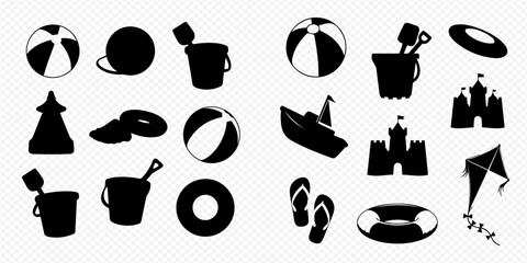 Collection of summer beach vacation elements and toys in silhouette style, including sandcastles, balls, and inflatables. © Adji