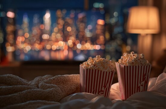 Two striped red and white paper bags of popcorn sitting on a cozy bed with a city skyline and colorful lights in the background, creating a warm and inviting movie time scene