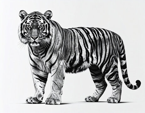 Detailed black and white tiger illustration walking forward on clean white background