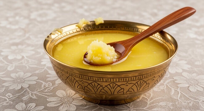 pure and natural organic Indian Desi cow ghee or clarified butter in golden bowl and wooden spoon fill with ghee in flower print table cloth background