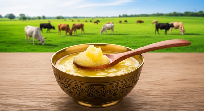 pure and natural organic Indian Desi cow ghee or clarified butter in golden bowl and wooden spoon fill with ghee in cow farm field natural background