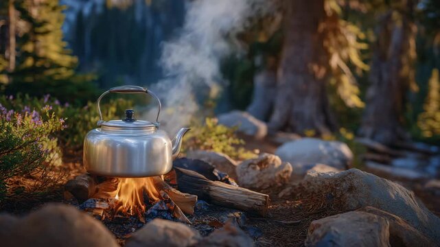 Medium shot of a silver kettle boiling over a rustic campfire, detailed textures of flames, logs, and forest floor, steam rising in soft golden light, cozy wilderness camping and o