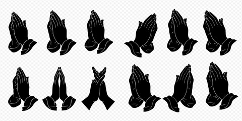 Obraz premium Set of black praying hands silhouettes, a symbol of spirituality and devotion, isolated on a transparent background.