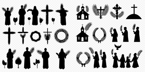 Fototapeta premium Set of Christian religious symbols and figures, including crosses, churches, angels, and people in silhouette, representing faith and spirituality.