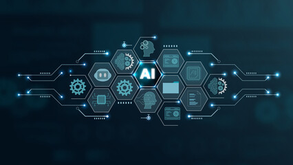 Futuristic AI technology graphic featuring interconnected hexagons showcasing various components and ideas of artificial intelligence. © 88