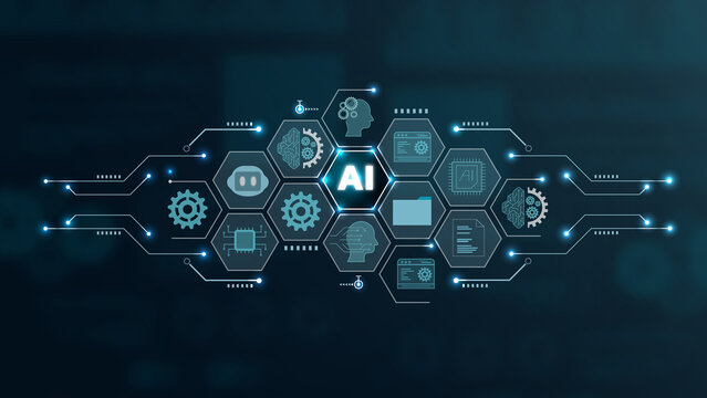 Futuristic AI technology graphic featuring interconnected hexagons showcasing various components and ideas of artificial intelligence.