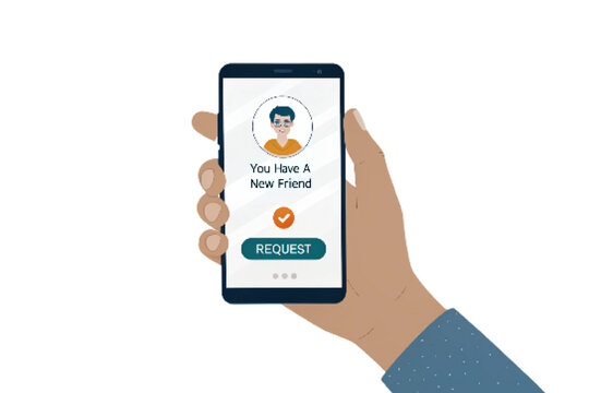 Social media friend request notification on smartphone screen, hand holding mobile phone with user profile icon, digital networking and connection concept vector