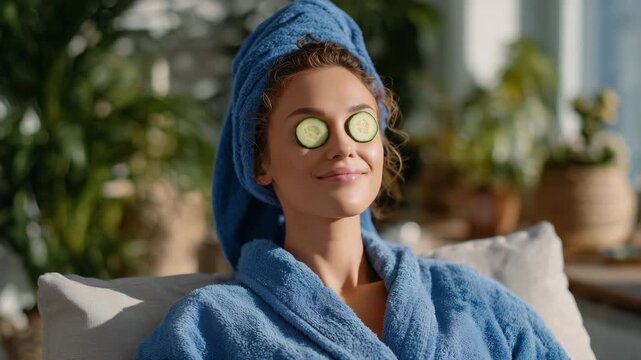 Medium shot of woman in blue bathrobe reclining on spa chair, cucumber slices on eyes, soft-focus bathroom d&eacute;cor behind, warm sunlight highlighting relaxed expression, cozy and che