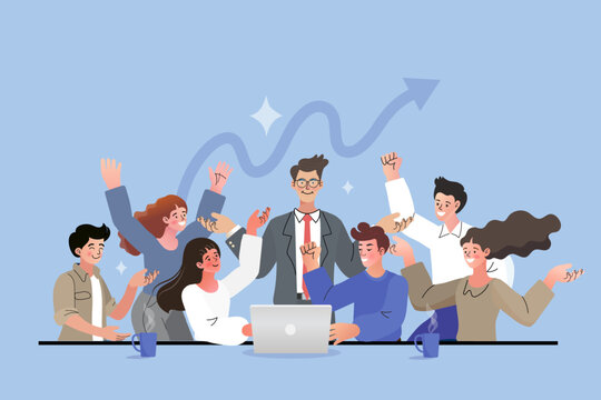 Happy business team celebrating successful company growth with rising arrow chart representing corporate achievement financial profit and professional teamwork victory on office desk.