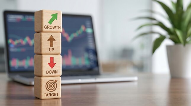 Business growth, stock market analysis, wooden block chart, office workspace