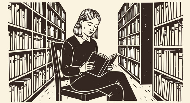 A young woman engrossed in reading a book while sitting on a chair amidst bookshelves in a library, illustration